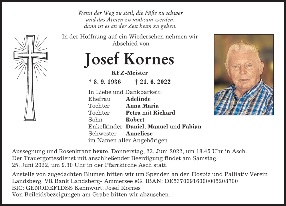  Traueranzeige für Josef Kornes vom 23.06.2022 aus Augsburger Allgemeine, Landsberger Tagblatt