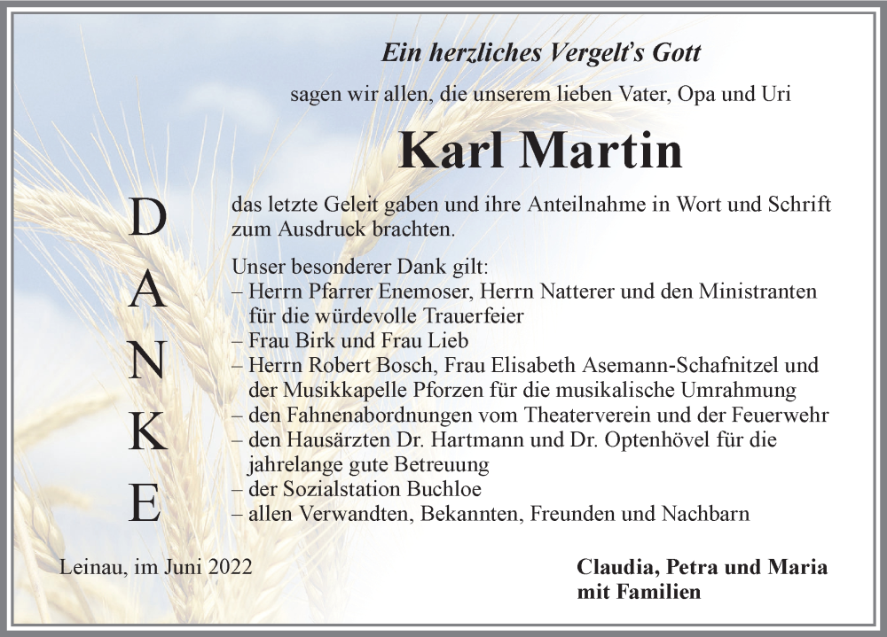 Traueranzeige von Karl Martin von Allgäuer Zeitung, Kaufbeuren/Buchloe