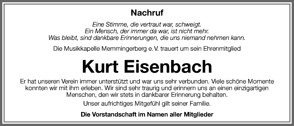 Traueranzeige von Kurt Eisenbach von Memminger Zeitung