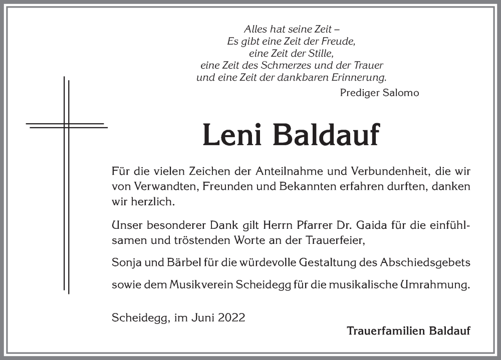 Traueranzeige von Leni Baldauf von Der Westallgäuer