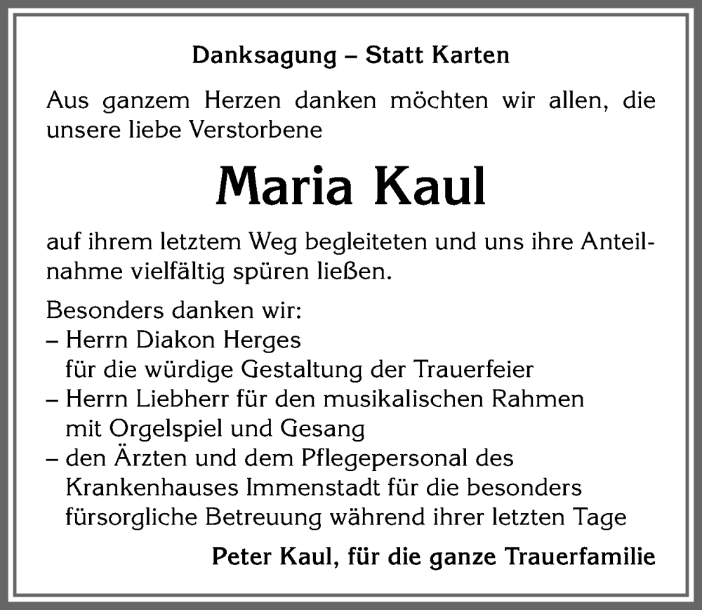 Traueranzeige von Maria Kaul von Allgäuer Anzeigeblatt