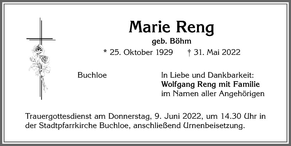 Traueranzeige von Marie Reng von Allgäuer Zeitung, Kaufbeuren/Buchloe