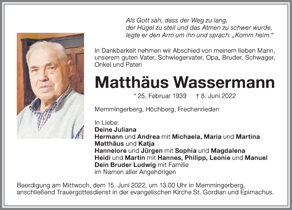 Traueranzeige von Matthäus Wassermann von Memminger Zeitung