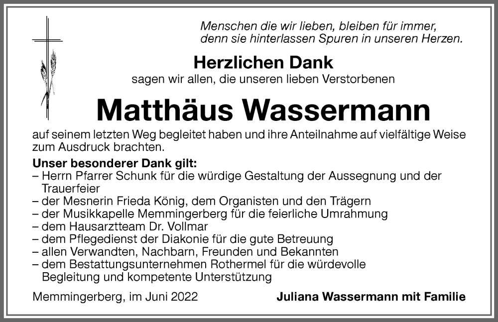 Traueranzeige von Matthäus Wassermann von Memminger Zeitung