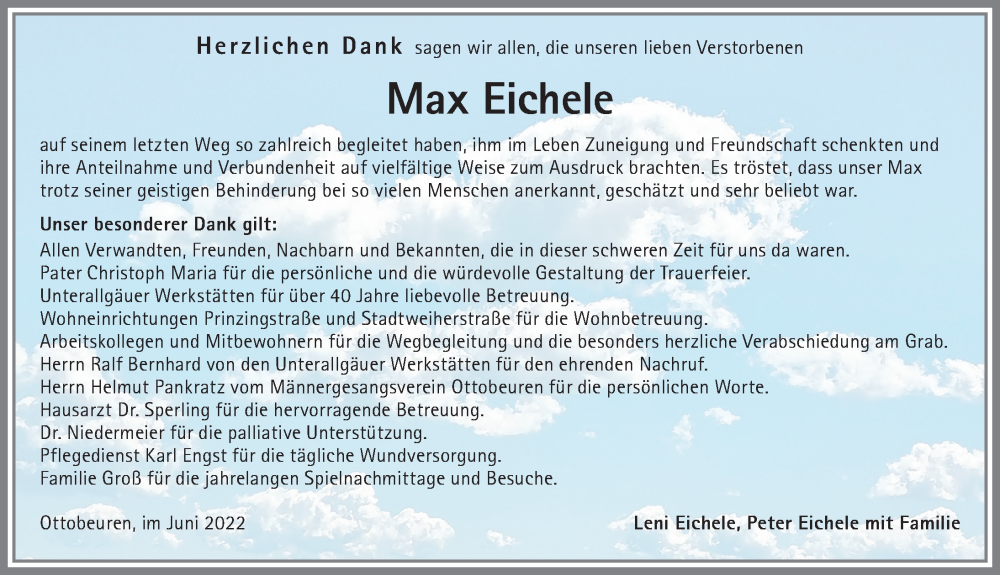 Traueranzeige von Max Eichele von Memminger Zeitung