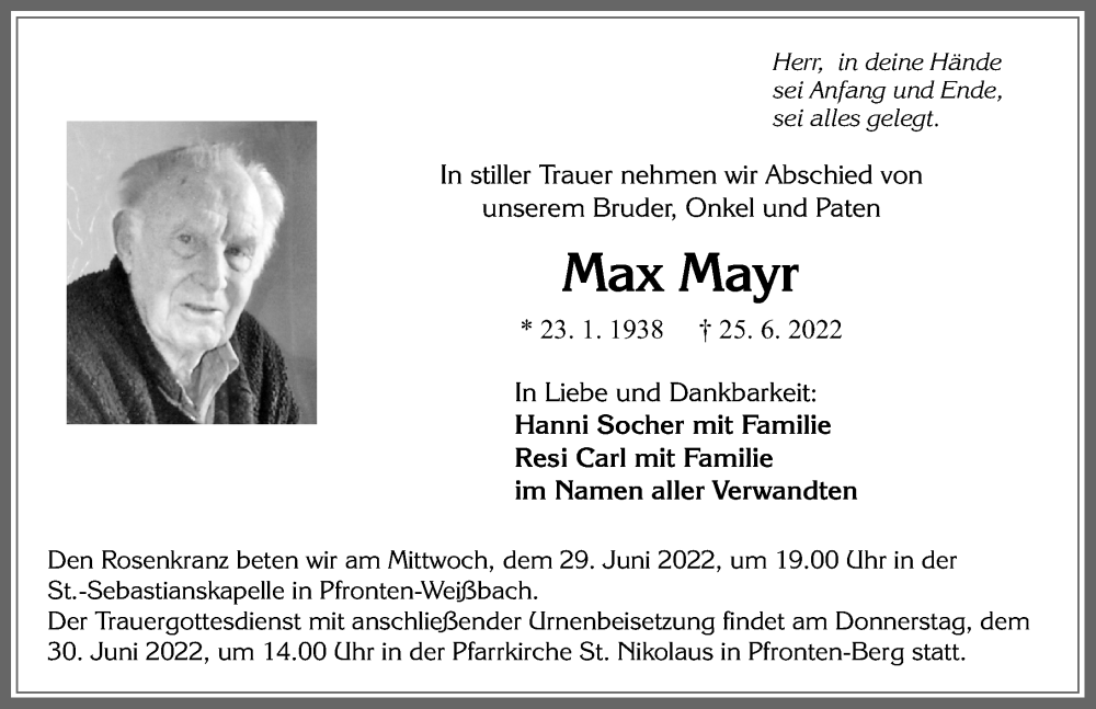 Traueranzeige von Max Mayr von Allgäuer Zeitung, Füssen