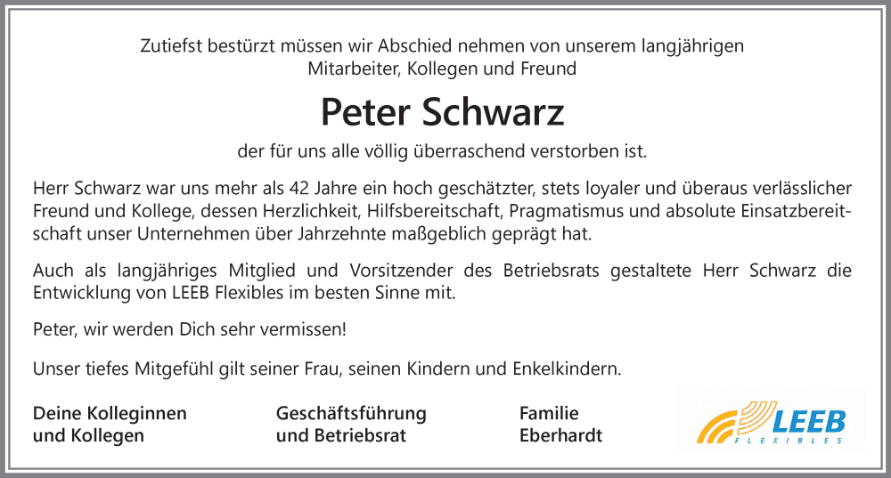 Traueranzeige von Peter Schwarz von Memminger Zeitung