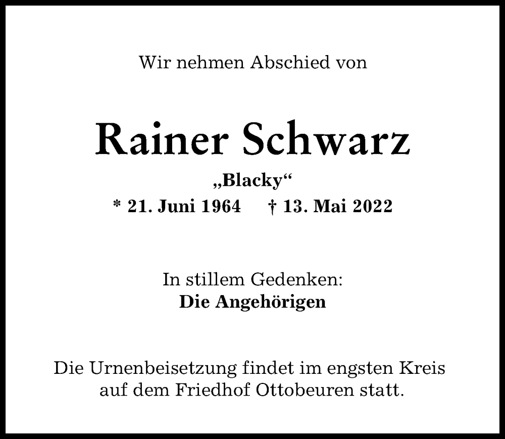 Traueranzeige von Rainer Schwarz von Memminger Zeitung