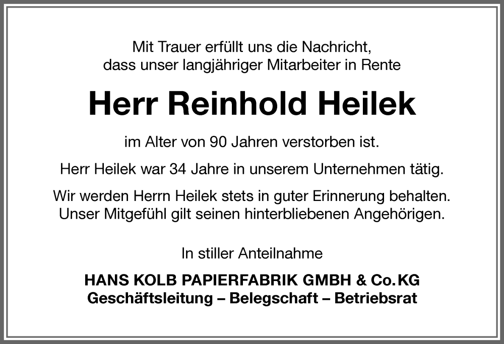 Traueranzeige von Reinhold Heilek von Allgäuer Zeitung, Kaufbeuren/Buchloe