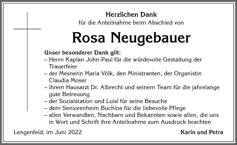 Traueranzeige von Rosa Neugebauer von Allgäuer Zeitung, Kaufbeuren/Buchloe