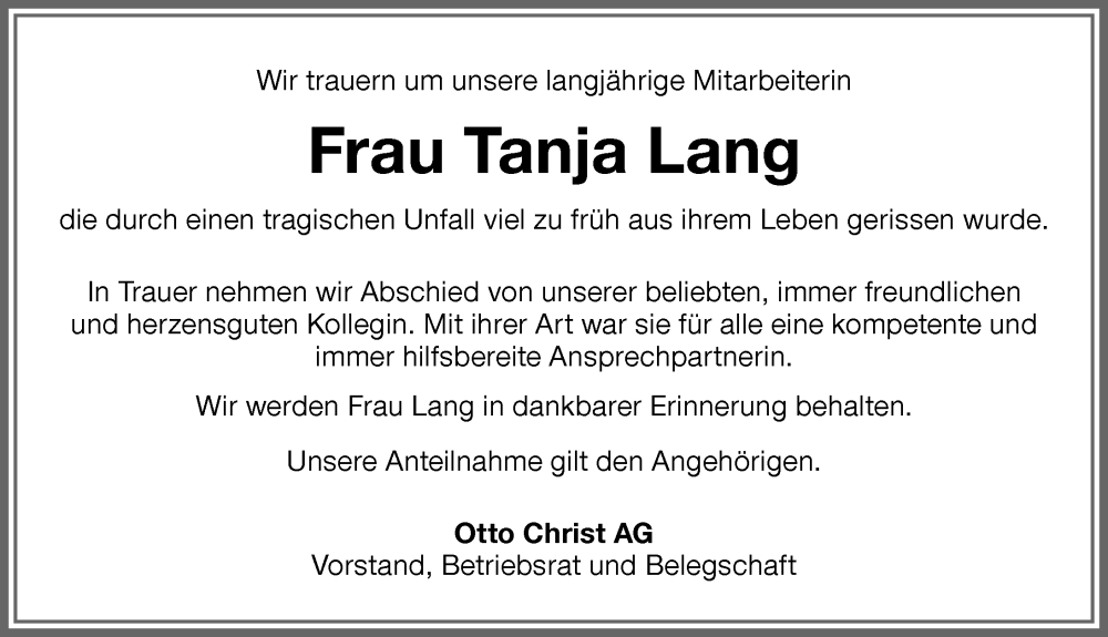 Traueranzeige von Tanja Lang von Memminger Zeitung