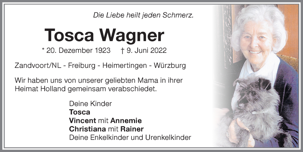 Traueranzeige von Tosca Wagner von Memminger Zeitung