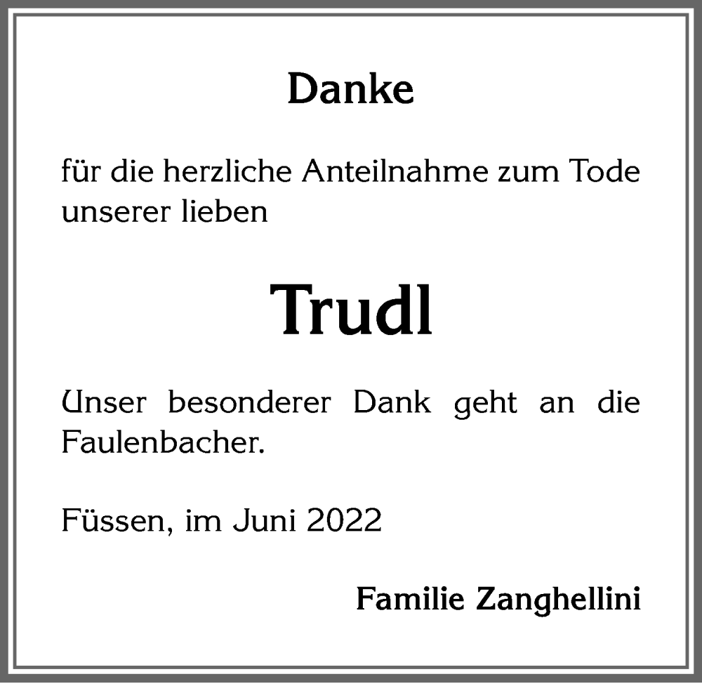 Traueranzeige von Trudl  von Allgäuer Zeitung, Füssen