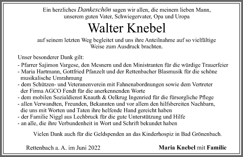 Traueranzeige von Walter Knebel von Allgäuer Zeitung, Marktoberdorf