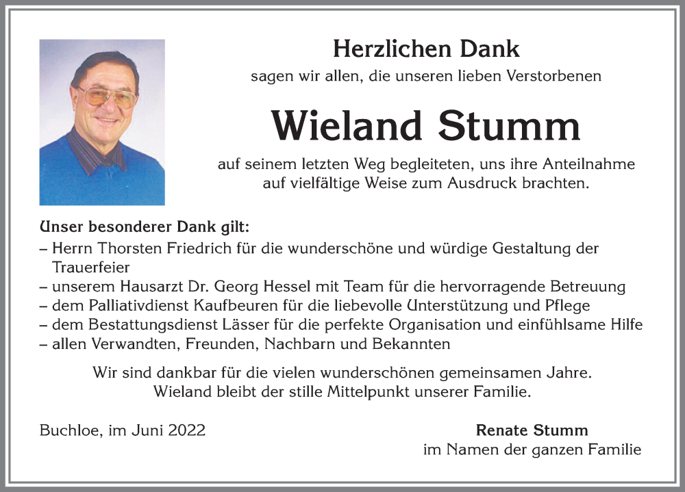 Traueranzeige von Wieland Stumm von Allgäuer Zeitung, Kaufbeuren/Buchloe