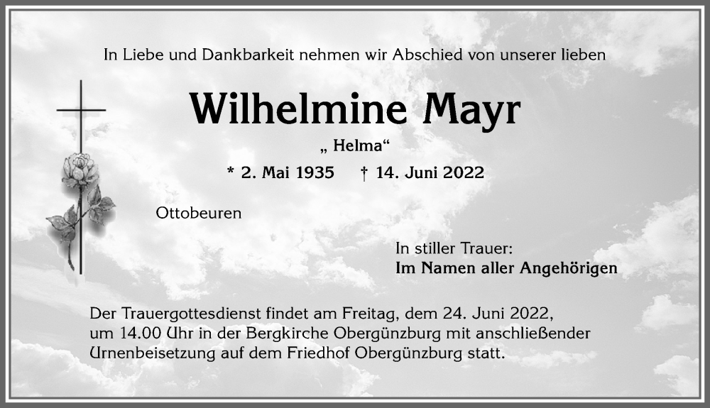 Traueranzeige von Wilhelmine Mayr von Allgäuer Zeitung, Füssen