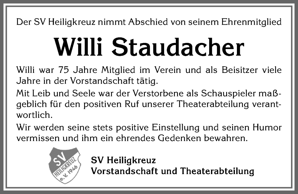 Traueranzeige von Willi Staudacher von Allgäuer Zeitung,Kempten