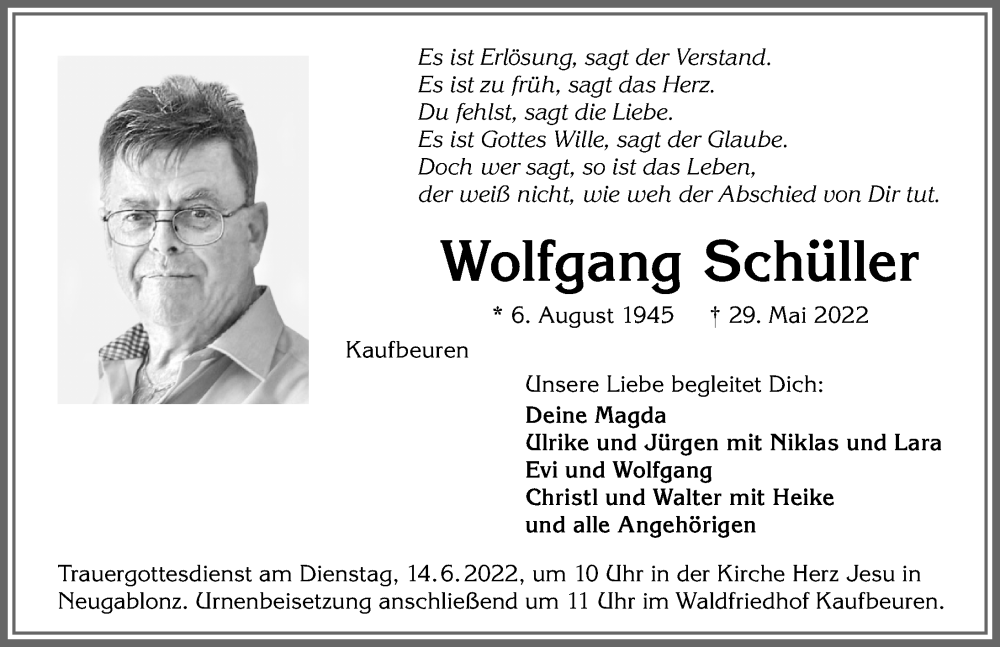 Traueranzeige von Wolfgang Schüller von Allgäuer Zeitung, Kaufbeuren/Buchloe