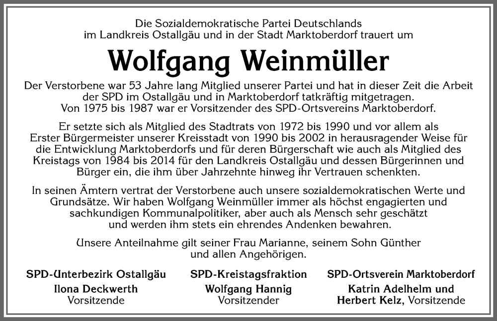 Traueranzeige von Wolfgang Weinmüller von Allgäuer Zeitung, Marktoberdorf