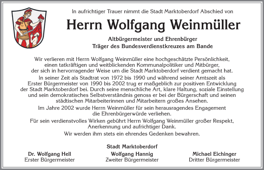 Traueranzeige von Wolfgang Weinmüller von Allgäuer Zeitung, Marktoberdorf