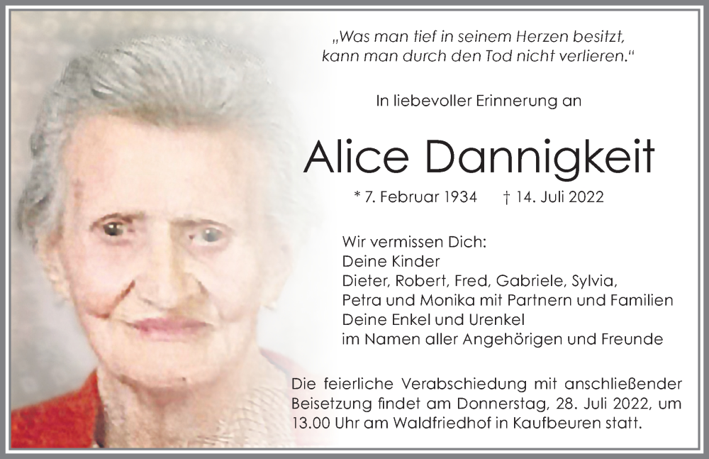 Traueranzeige von Alice Dannigkeit von Allgäuer Zeitung, Kaufbeuren/Buchloe