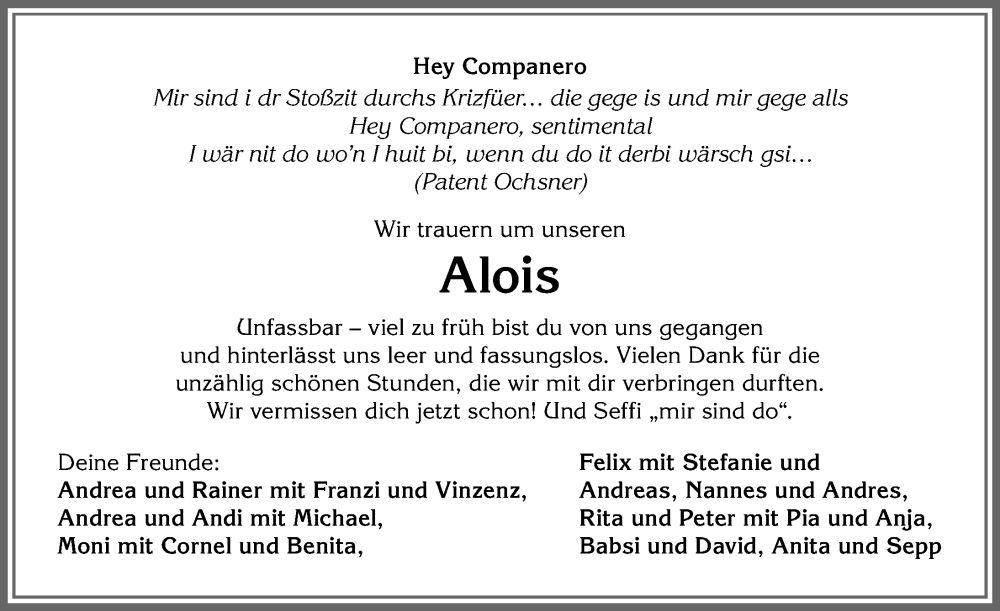 Traueranzeige von Alois  von Allgäuer Anzeigeblatt