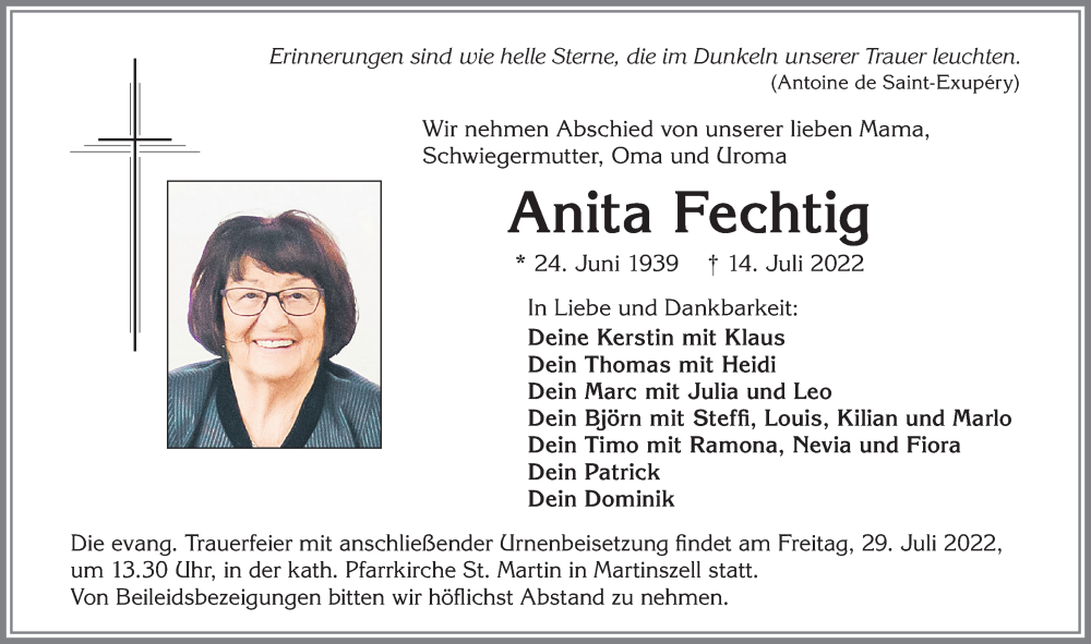 Traueranzeige von Anita Fechtig von Allgäuer Anzeigeblatt