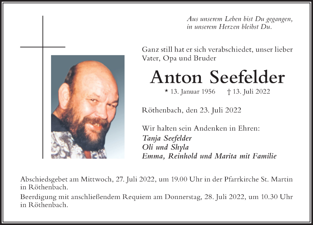 Traueranzeige von Anton Seefelder von Der Westallgäuer