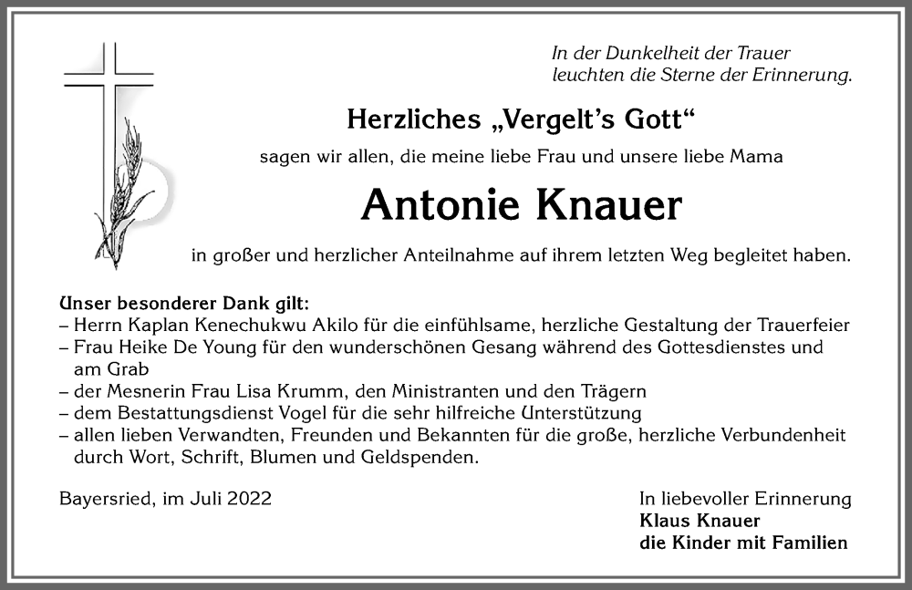 Traueranzeige von Antonie Knauer von Allgäuer Zeitung, Marktoberdorf