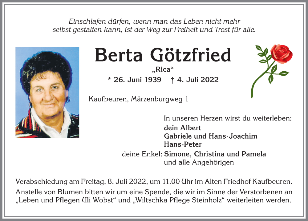 Traueranzeigen von Berta Götzfried | Augsburger Allgemeine Zeitung