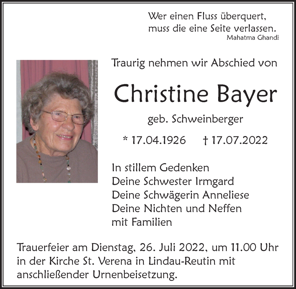 Traueranzeige von Christine Bayer von Der Westallgäuer