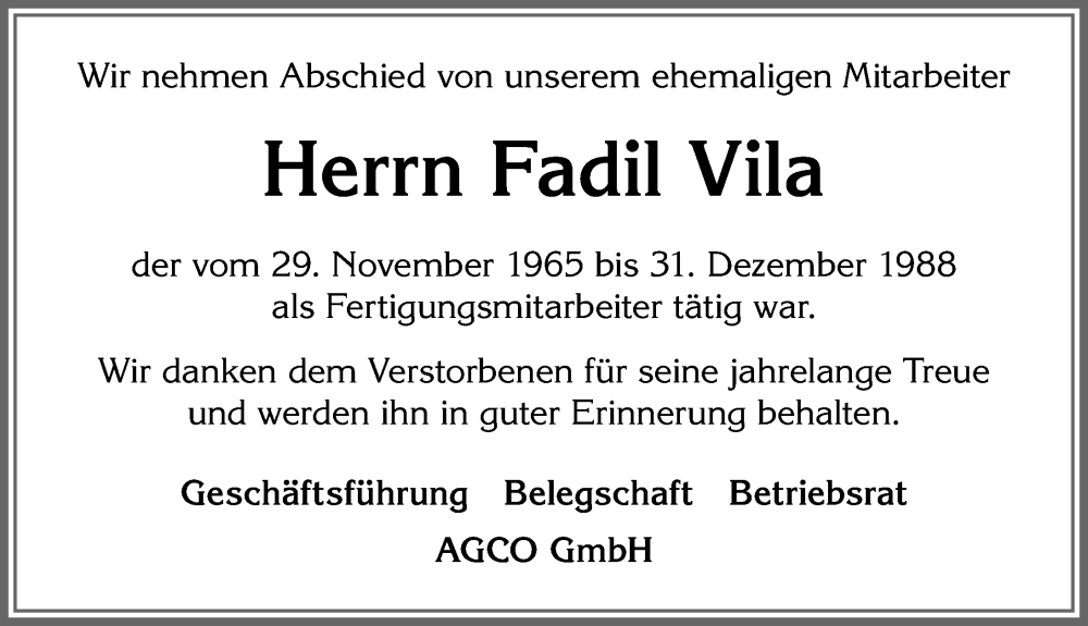 Traueranzeige von Fadil Vila von Allgäuer Zeitung,Kempten