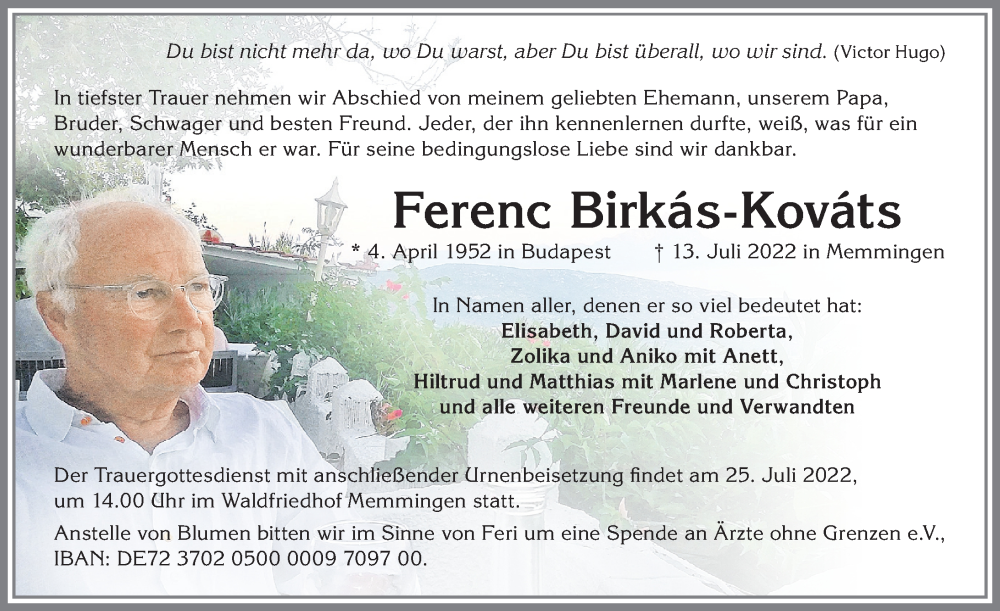 Traueranzeige von Ferenc Birkás-Kováts von Memminger Zeitung