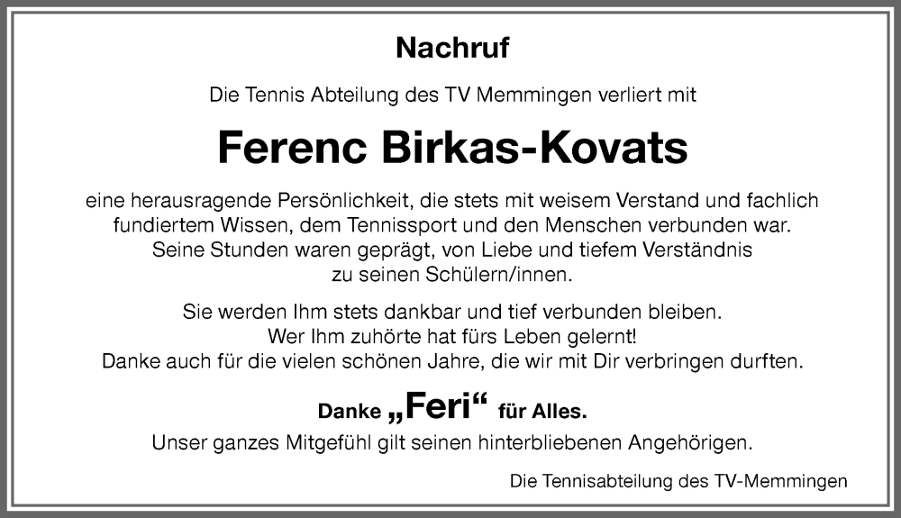 Traueranzeige von Ferenc Birkás-Kováts von Memminger Zeitung