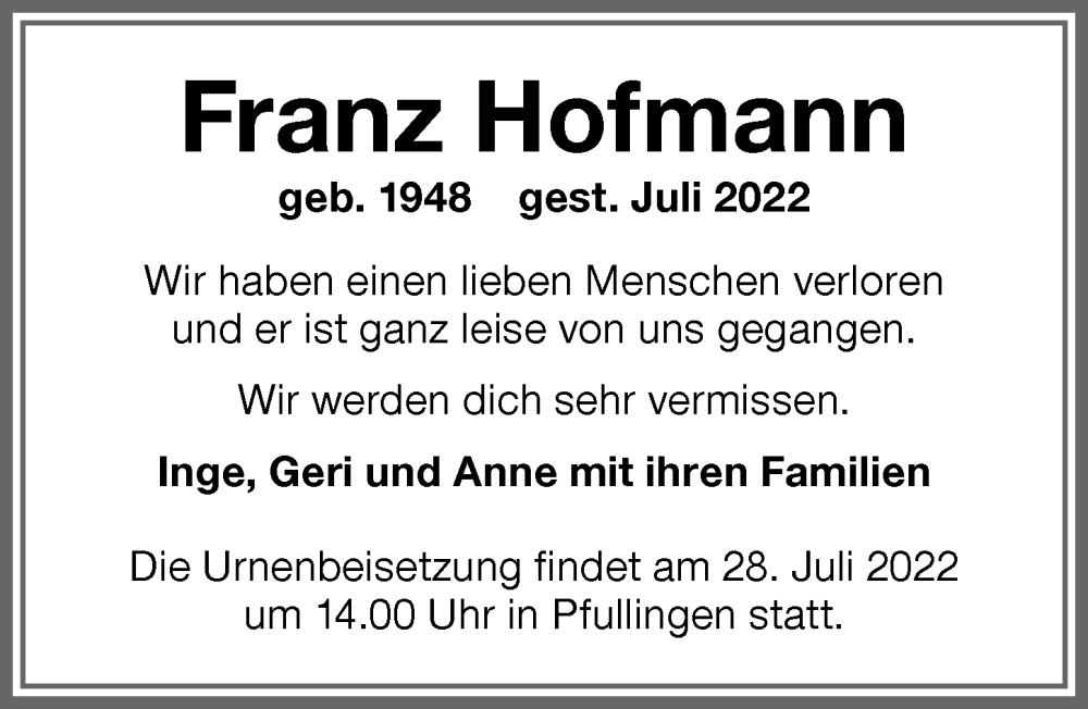 Traueranzeige von Franz Hofmann von Memminger Zeitung