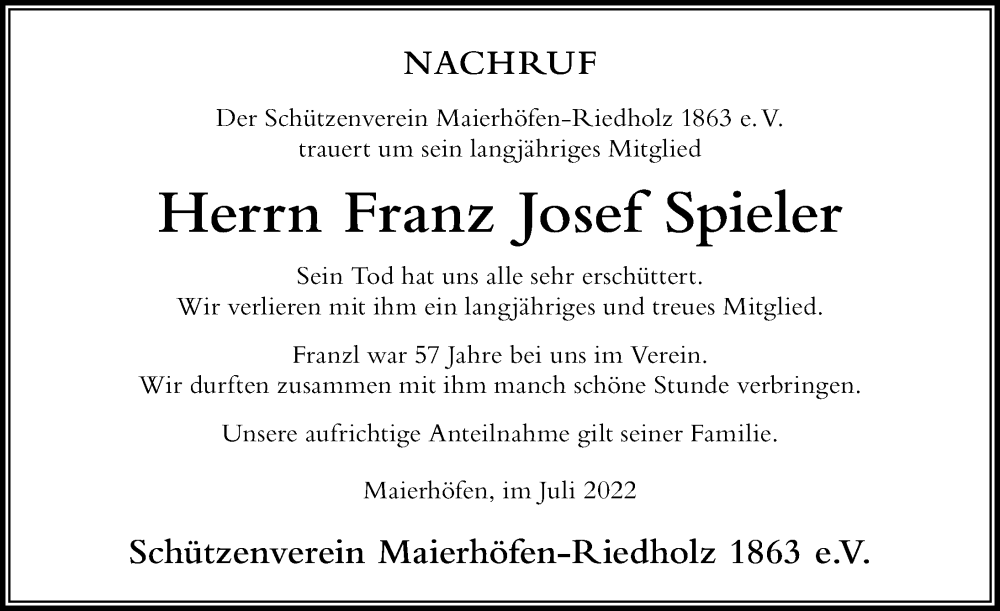 Traueranzeige von Franz Josef Spieler von Der Westallgäuer