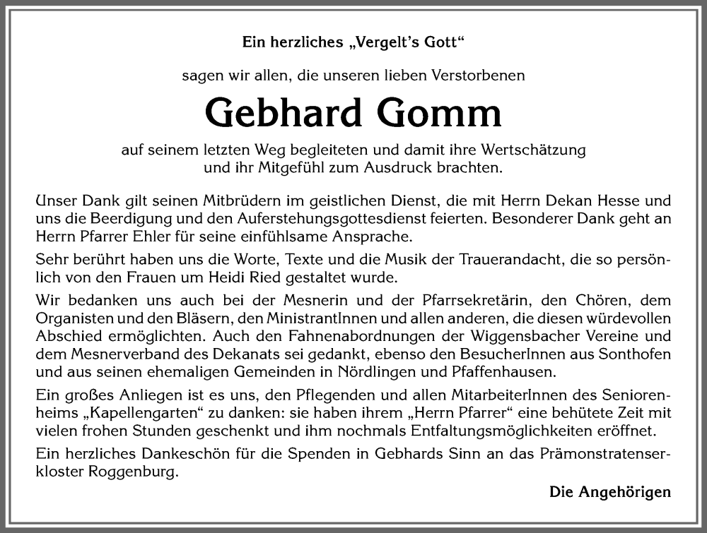 Traueranzeige von Gebhard Gomm von Allgäuer Anzeigeblatt