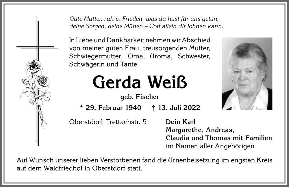 Traueranzeige von Gerda Weiß von Allgäuer Anzeigeblatt