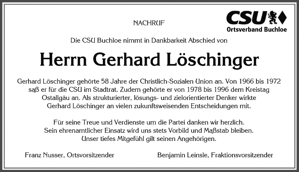 Traueranzeige von Gerhard Löschinger von Allgäuer Zeitung, Kaufbeuren/Buchloe