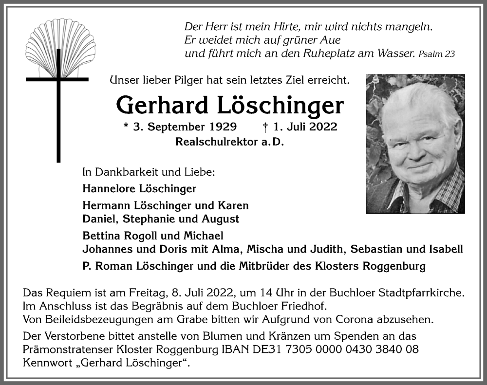 Traueranzeige von Gerhard Löschinger von Allgäuer Zeitung, Kaufbeuren/Buchloe