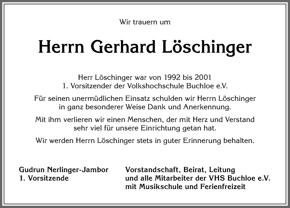 Traueranzeige von Gerhard Löschinger von Allgäuer Zeitung, Kaufbeuren/Buchloe