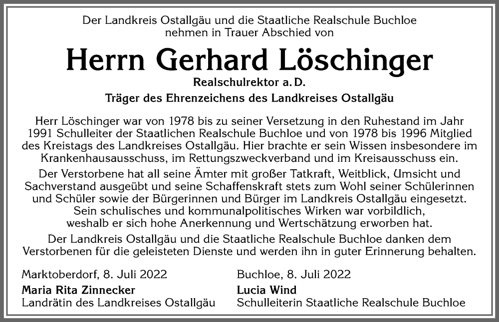 Traueranzeige von Gerhard Löschinger von Allgäuer Zeitung, Kaufbeuren/Buchloe