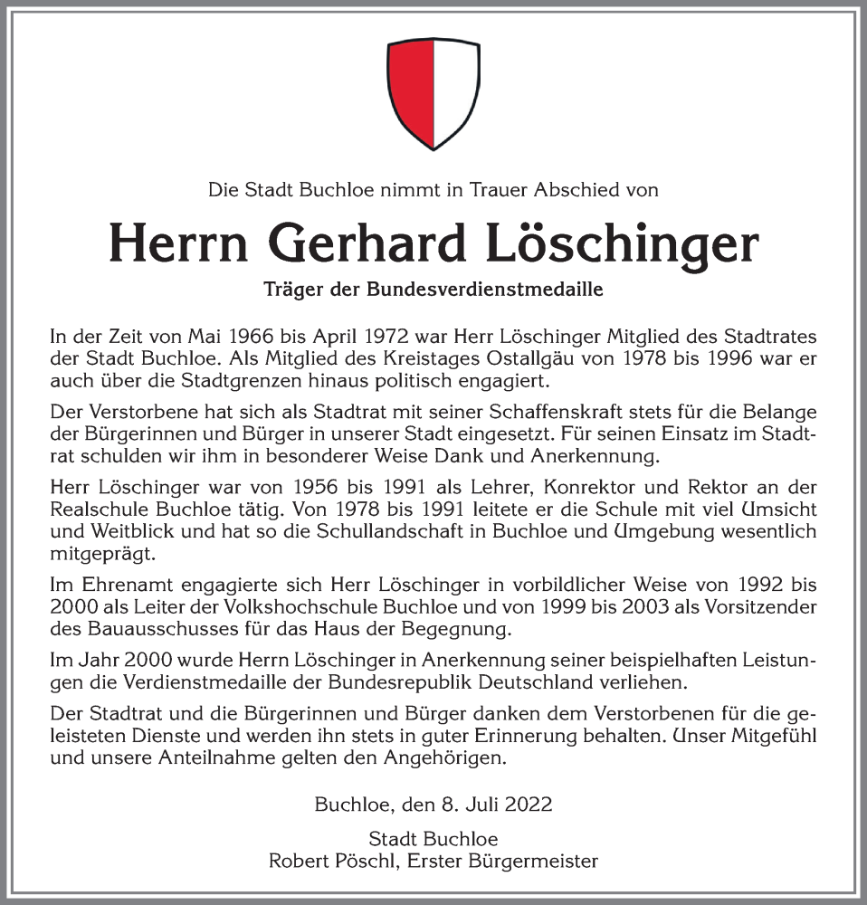 Traueranzeige von Gerhard Löschinger von Allgäuer Zeitung, Kaufbeuren/Buchloe