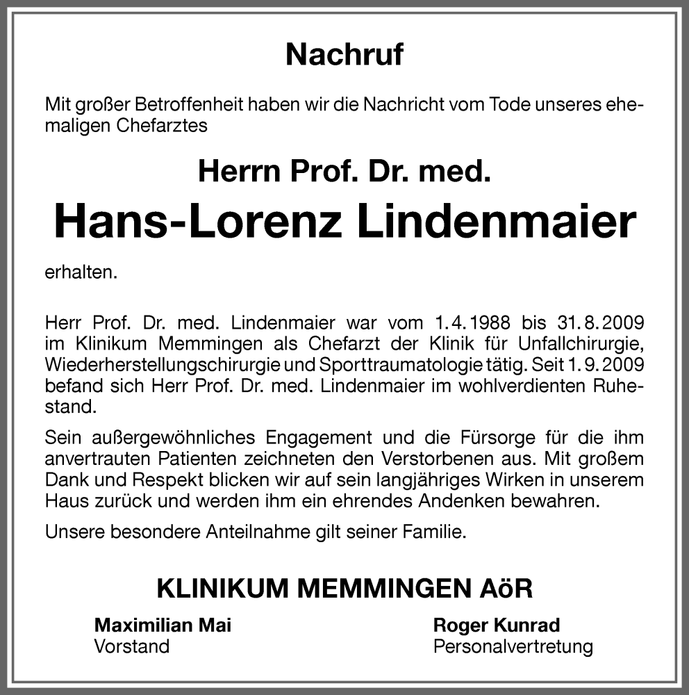 Traueranzeige von Hans-Lorenz Lindenmaier von Memminger Zeitung