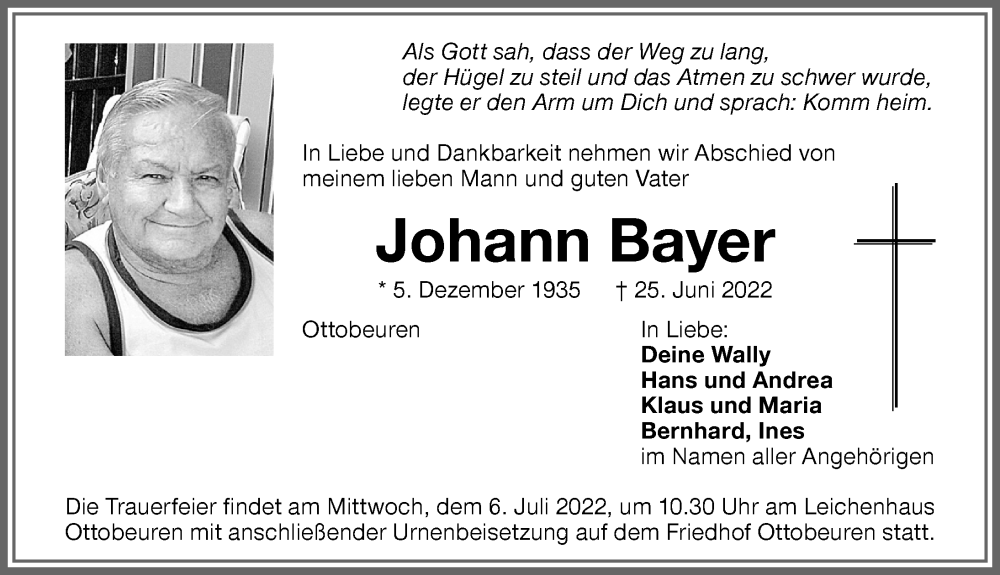 Traueranzeige von Johann Bayer von Memminger Zeitung