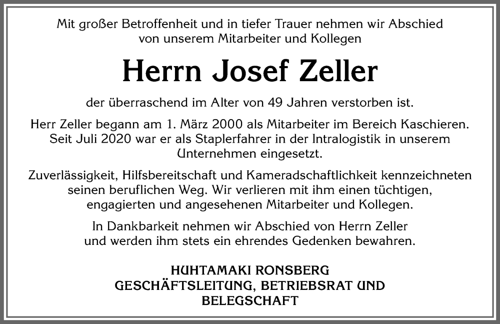 Traueranzeige von Josef Zeller von Allgäuer Zeitung, Marktoberdorf