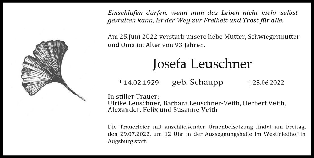  Traueranzeige für Josefa Leuschner vom 09.07.2022 aus Augsburger Allgemeine