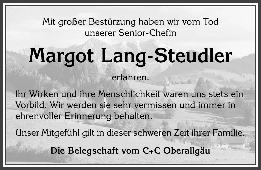 Traueranzeige von Margot Lang-Steudler von Allgäuer Anzeigeblatt