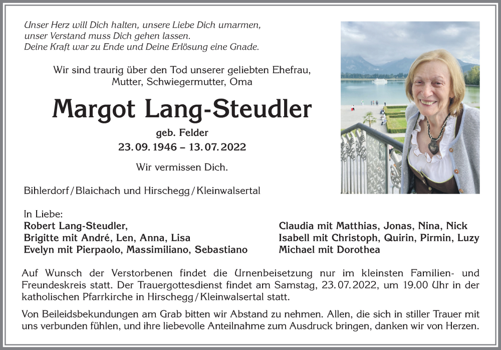 Traueranzeige von Margot Lang-Steudler von Allgäuer Anzeigeblatt