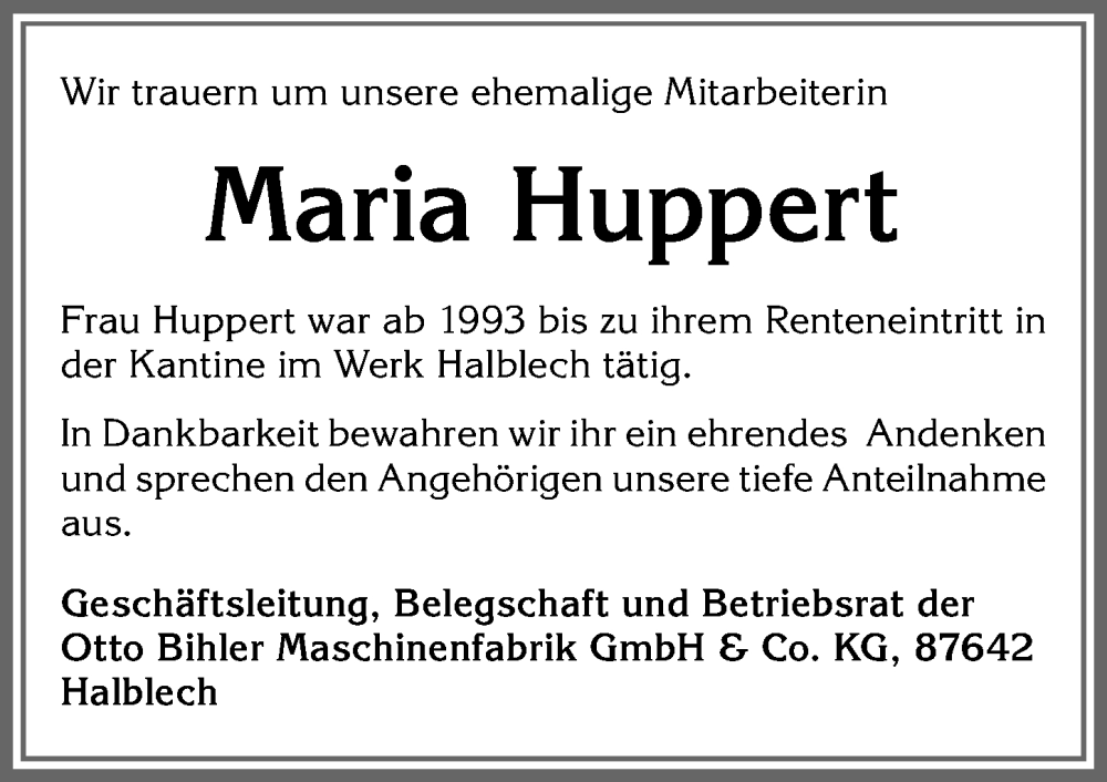 Traueranzeige von Maria Huppert von Allgäuer Zeitung, Füssen